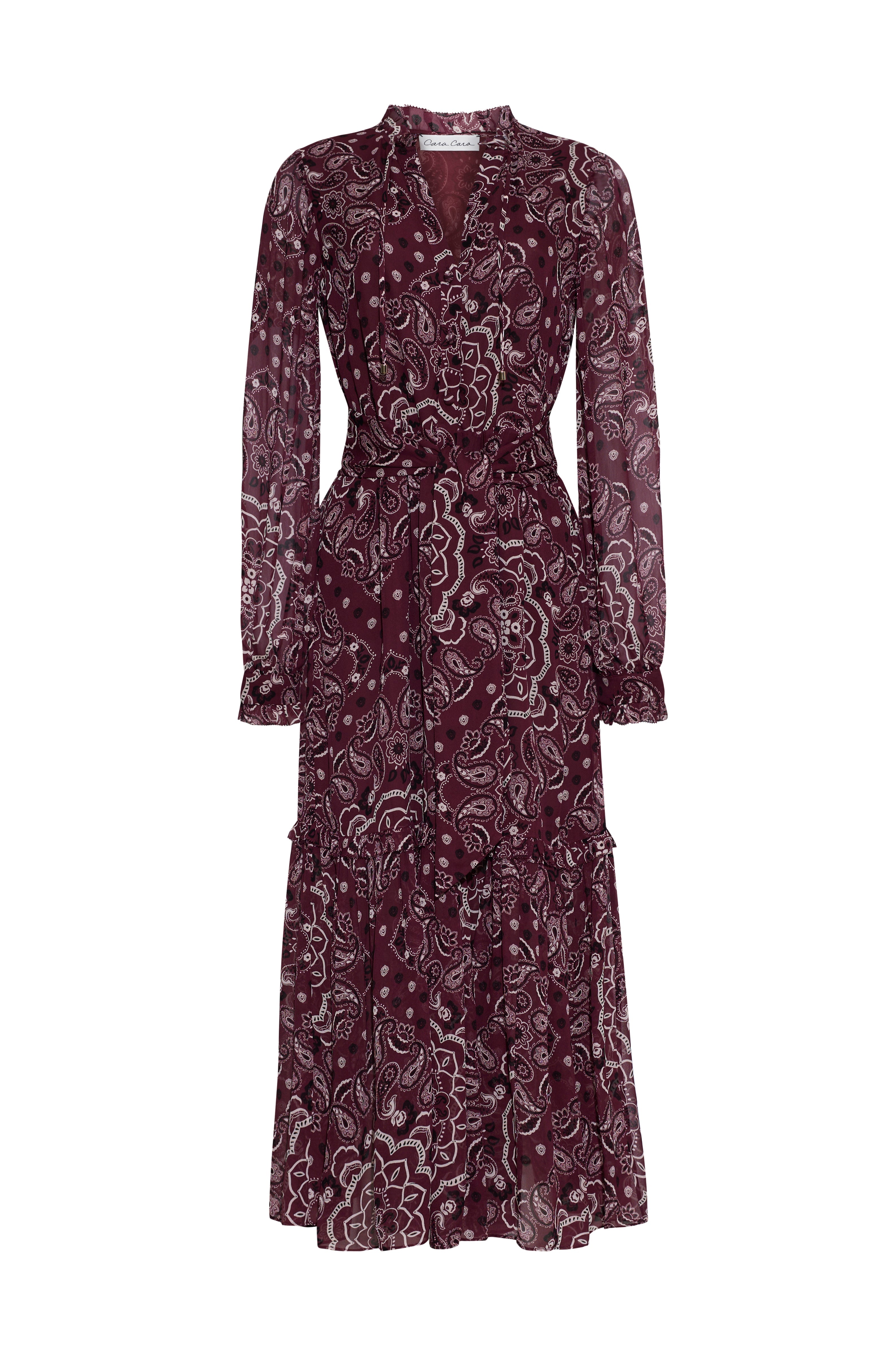 Front view of Verity Dress in Bandana Plum showcasing paisley print, tie waist, and tiered skirt against white background