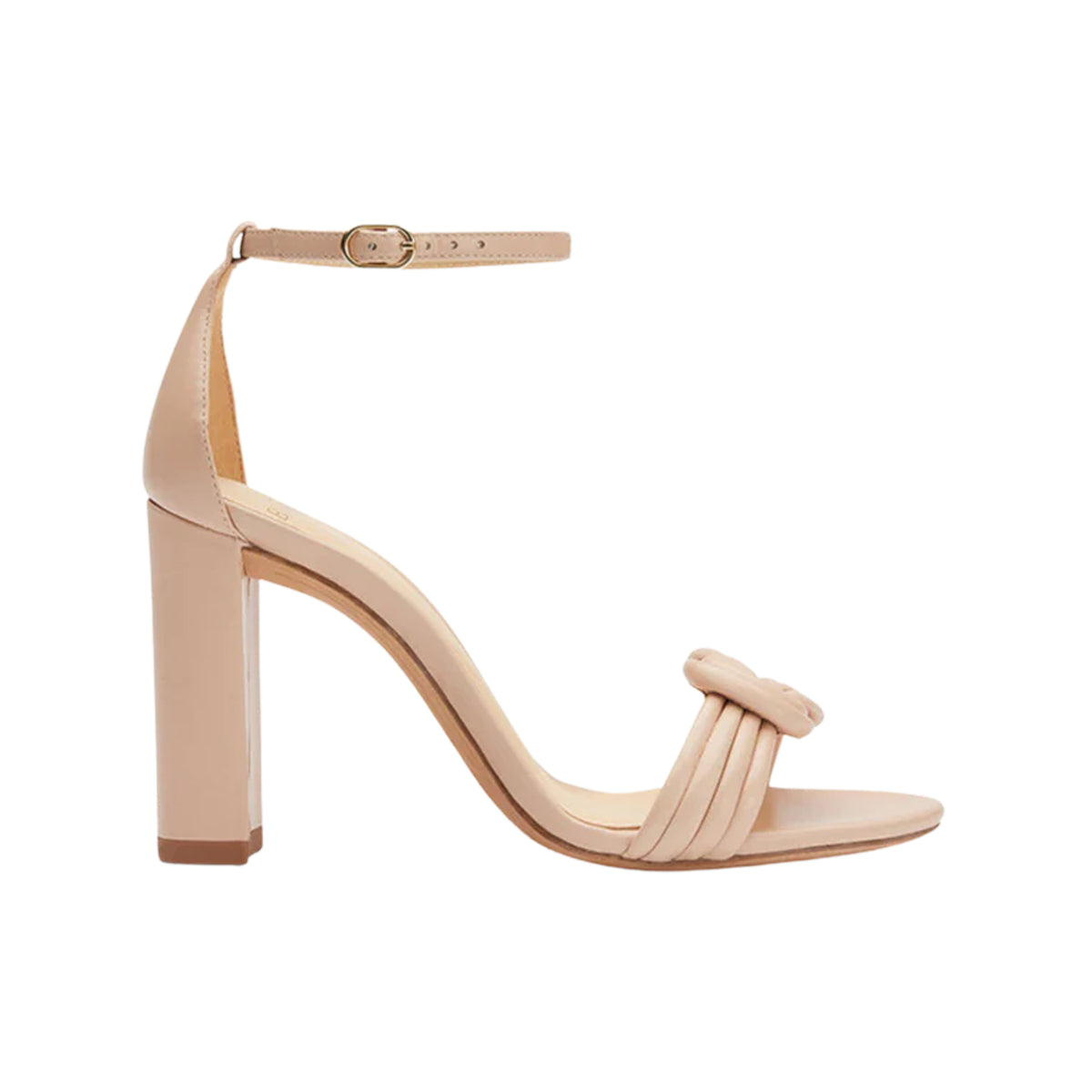 Side view of Vicky 90 in Leather showcasing a strappy open-toe design, ankle strap, and block heel with a white background