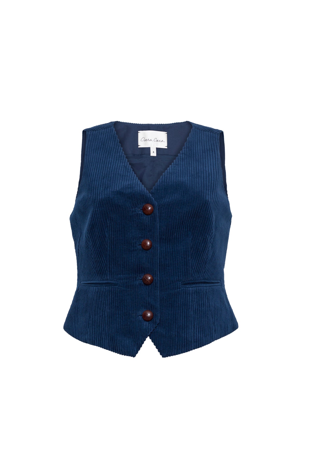 Front view of Victor Vest in Cooper Corduroy Navy showcasing V-neck, besom pockets, and velvet buttons on white background