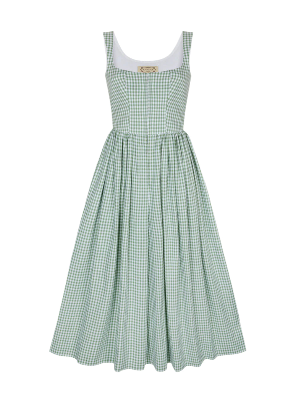 Front view of Victoria Dress in Mint Gingham showcasing a sleeveless bodice and full gathered skirt against a white background