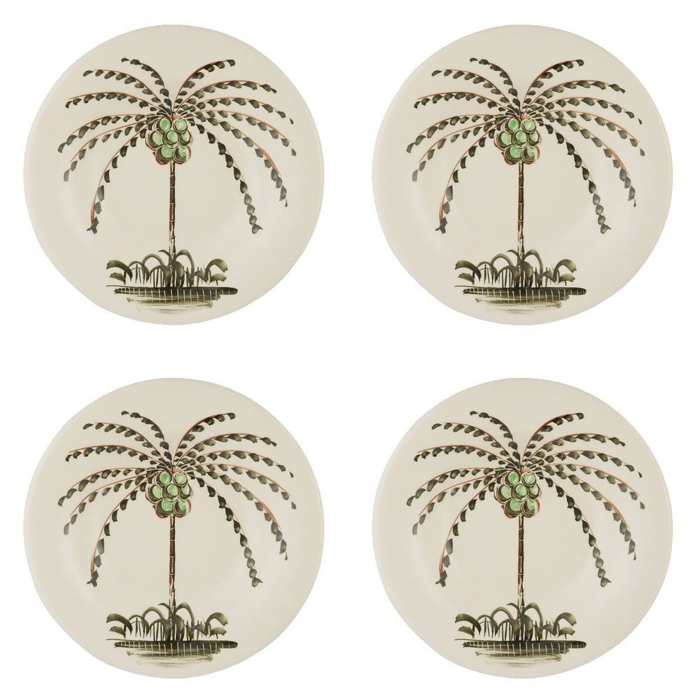 Front view of Palm Dinner Plates, Set of 4 showcasing hand-painted palm motifs on round ceramic plates