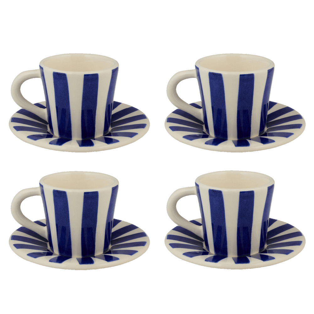 Navy Blue Stripes Espresso Cup & Saucers, Set of 4