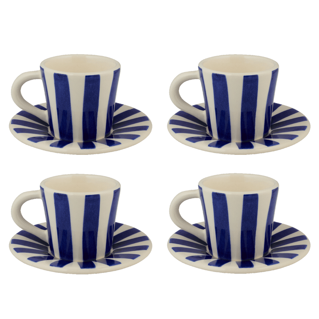 Navy Blue Stripes Espresso Cup & Saucers, Set of 4