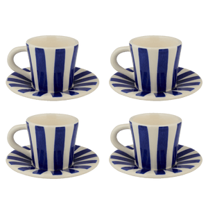 Navy Blue Stripes Espresso Cup & Saucers, Set of 4
