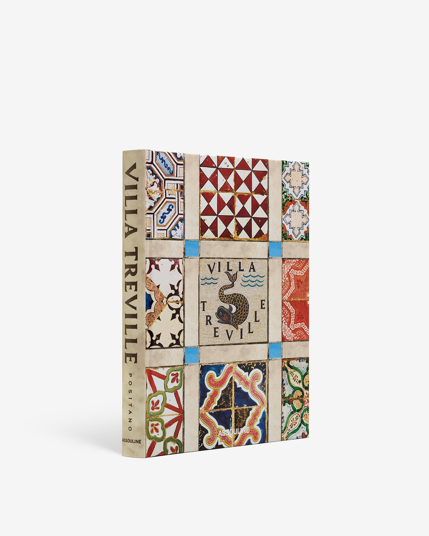 Decorative book titled 'Villa Treville' with mosaic pattern on a white background
