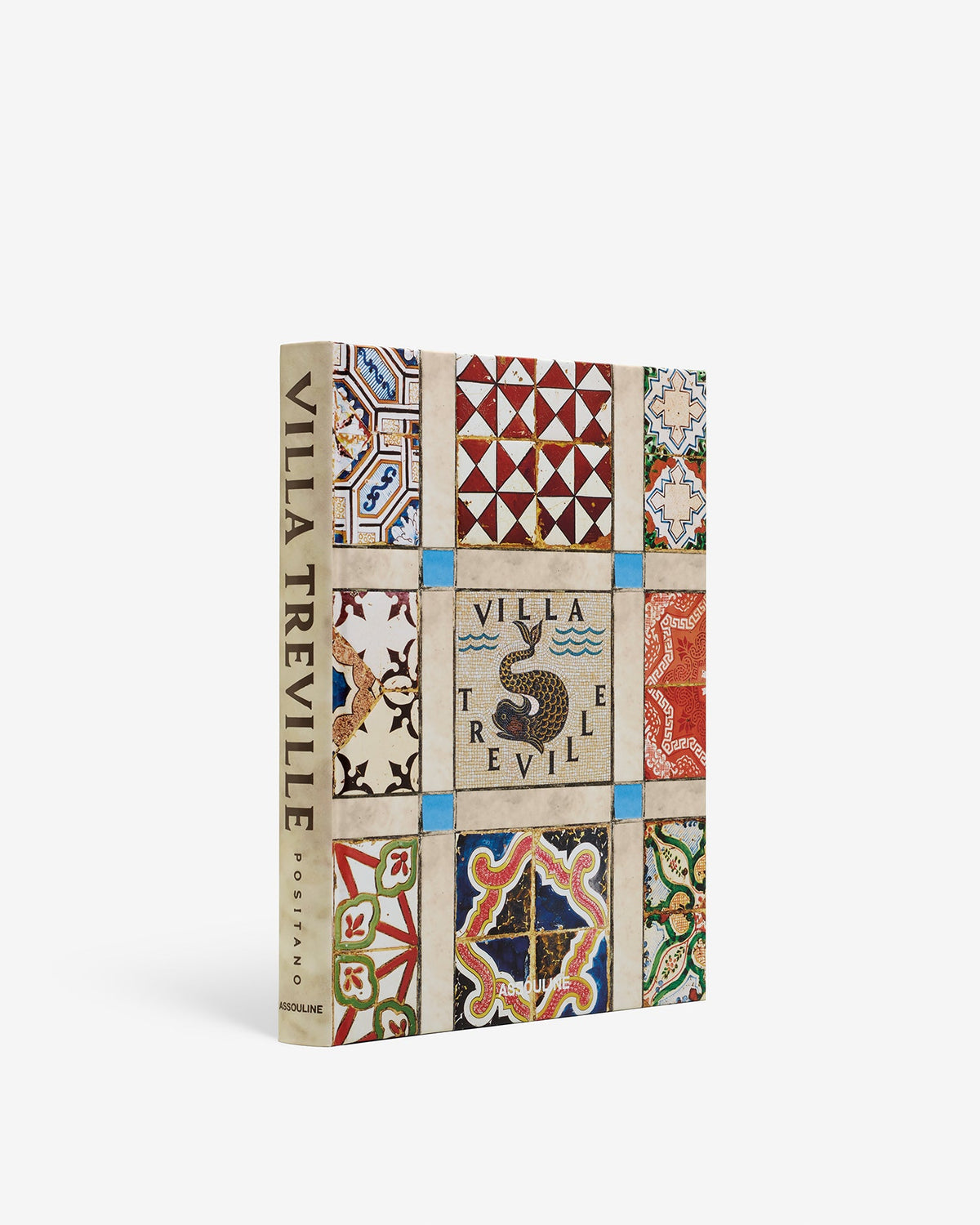 Decorative book titled 'Villa Treville' with mosaic pattern on a white background