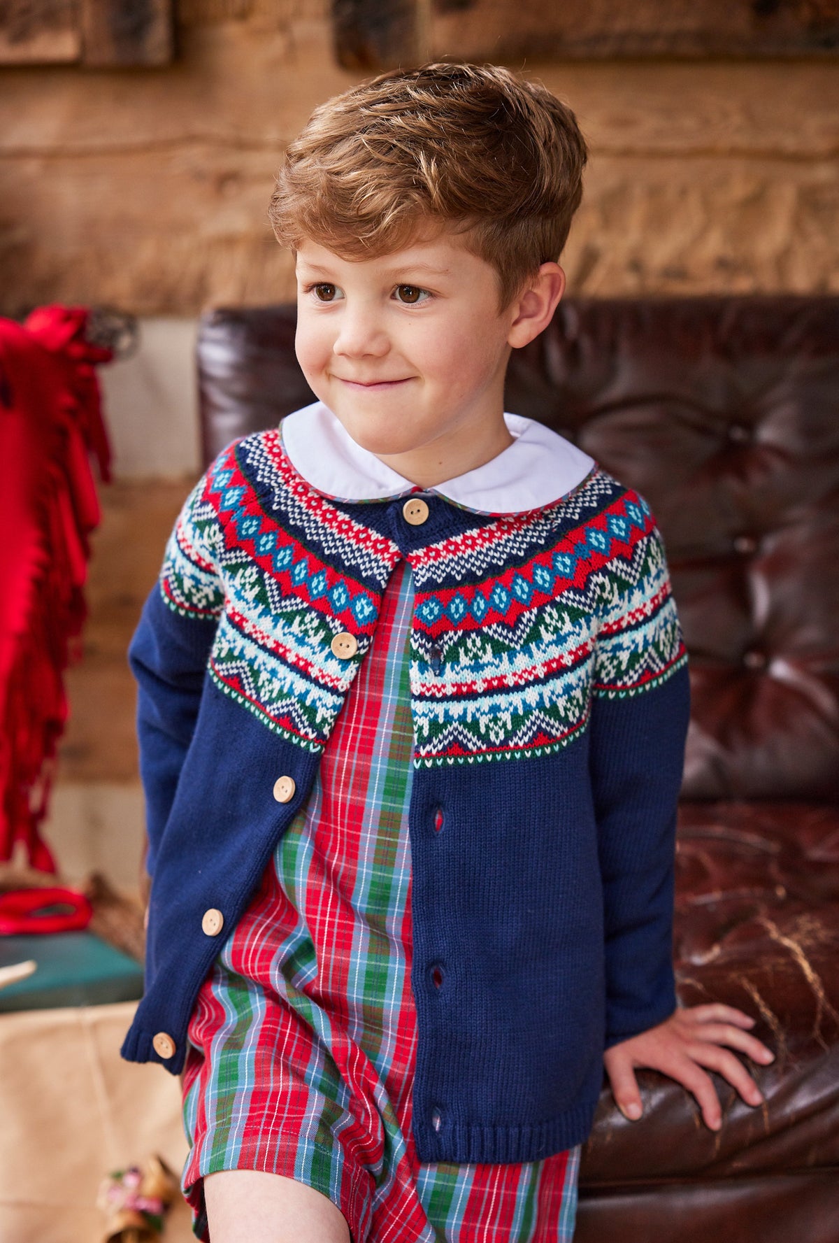 Little English traditional children's clothing, Vintage Button Tab John John Set in red, green, and blue highlands tartan pattern for little boy