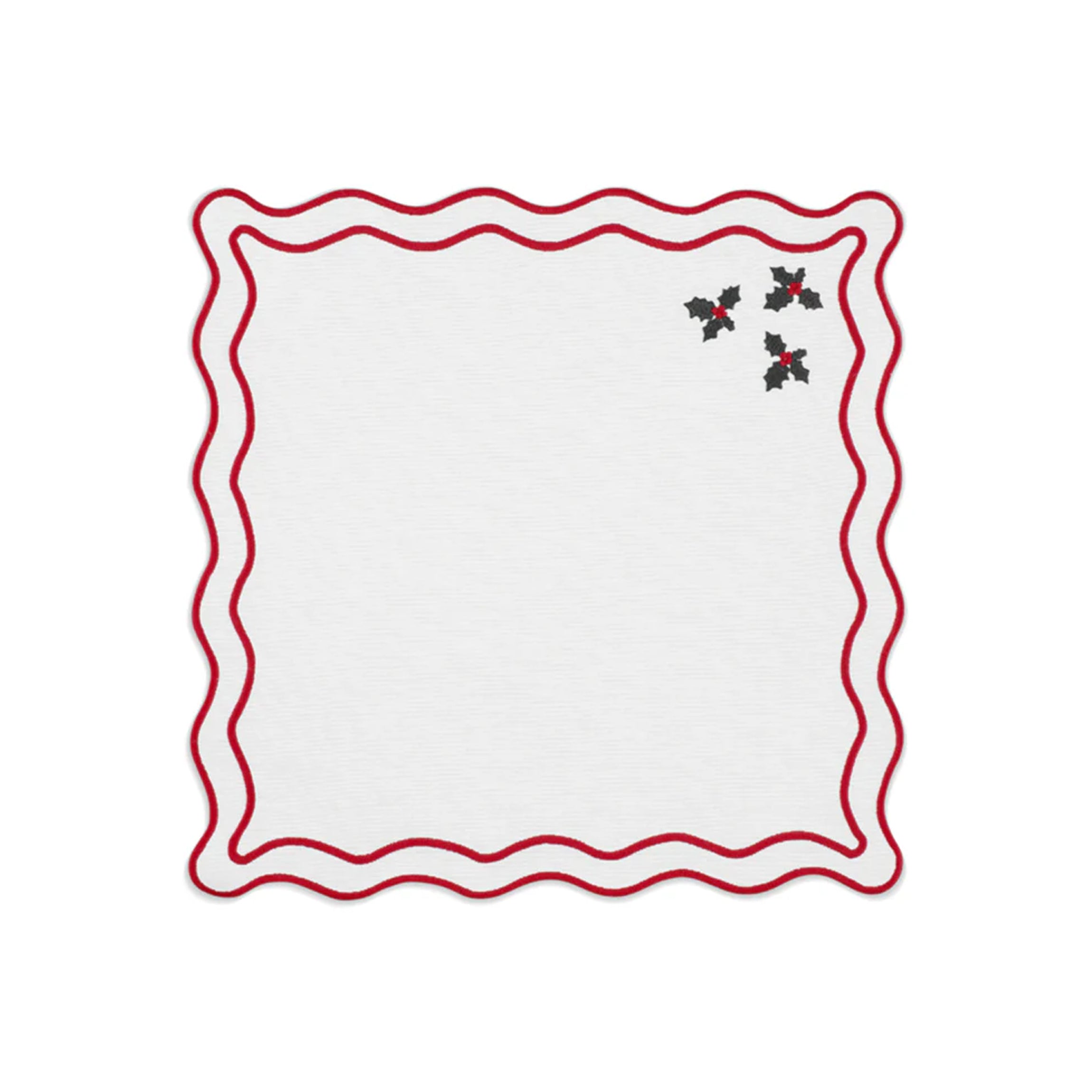 Vintage Holly Napkin in Cotton Cream with Christmas Red and Green Embroidery