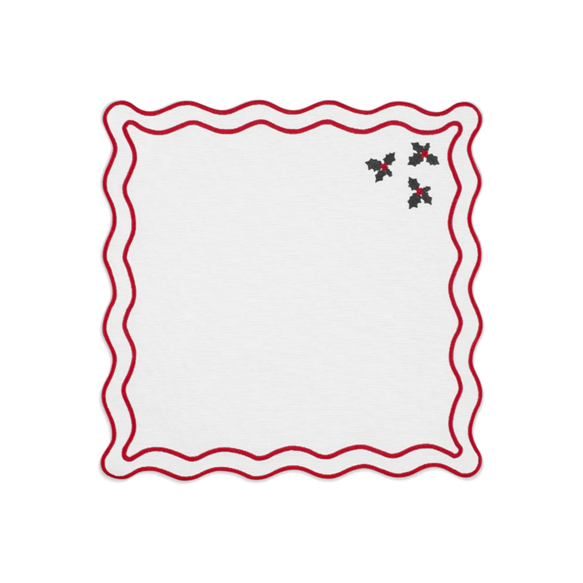 Vintage Holly Napkin in Cotton Cream with Christmas Red and Green Embroidery
