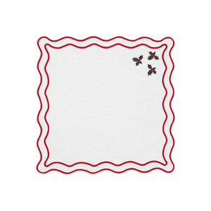 Vintage Holly Napkin in Cotton Cream with Christmas Red and Green Embroidery