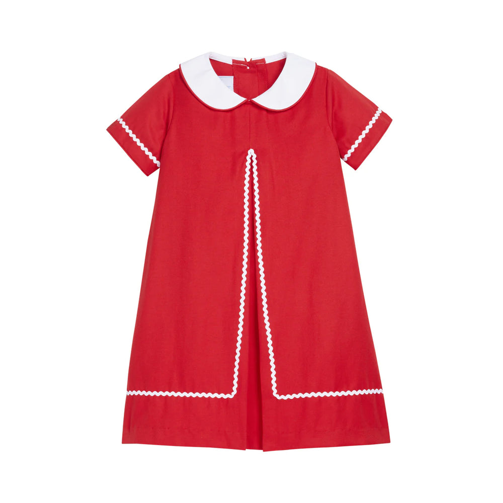 Front view of the Vintage Peter Pan Dress in Red showcasing its white collar and trim with a plain white background