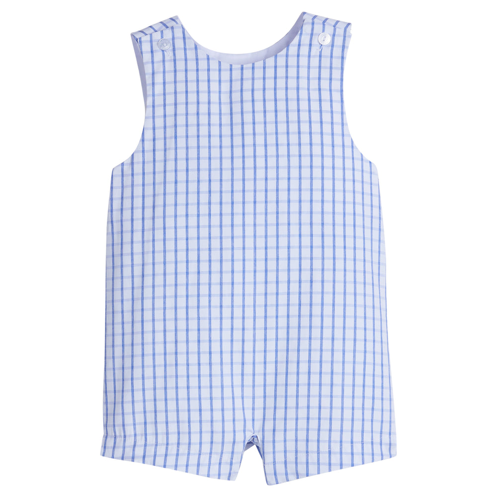 Little English traditional children's clothing.  White and royal blue windowpane check romper for little boys for Spring and Summer.  Simple 4th of July outfit for toddler boys