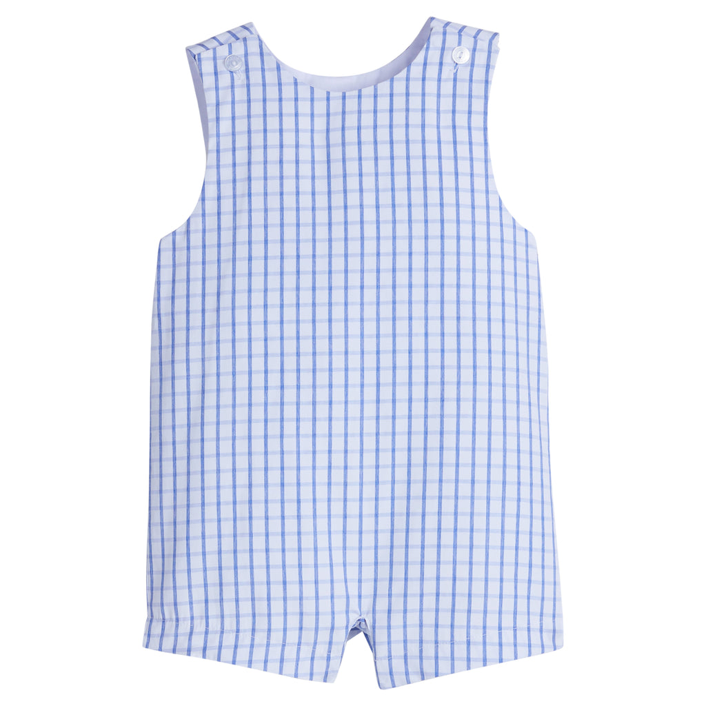 Little English traditional children's clothing.  White and royal blue windowpane check romper for little boys for Spring and Summer.  Simple 4th of July outfit for toddler boys