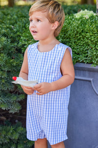 Little English traditional children's clothing.  White and royal blue windowpane check romper for little boys for Spring and Summer.  Simple 4th of July outfit for toddler boys