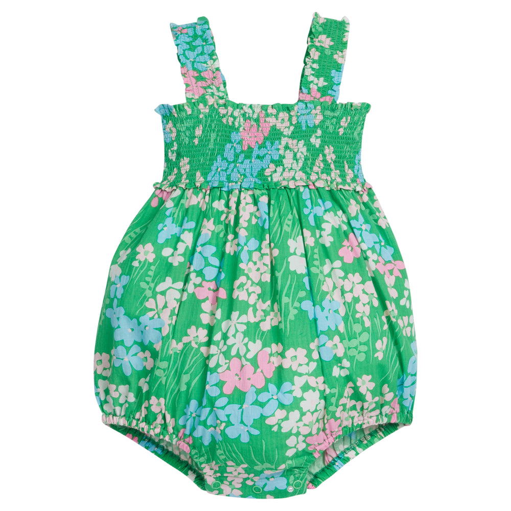 Little English traditional children's clothing.  Green, blue and pink floral bubble for baby girls for Spring