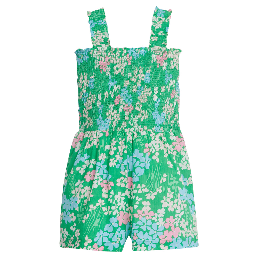 Little English traditional children's clothing.  Green, blue and pink floral romper for girls for Spring