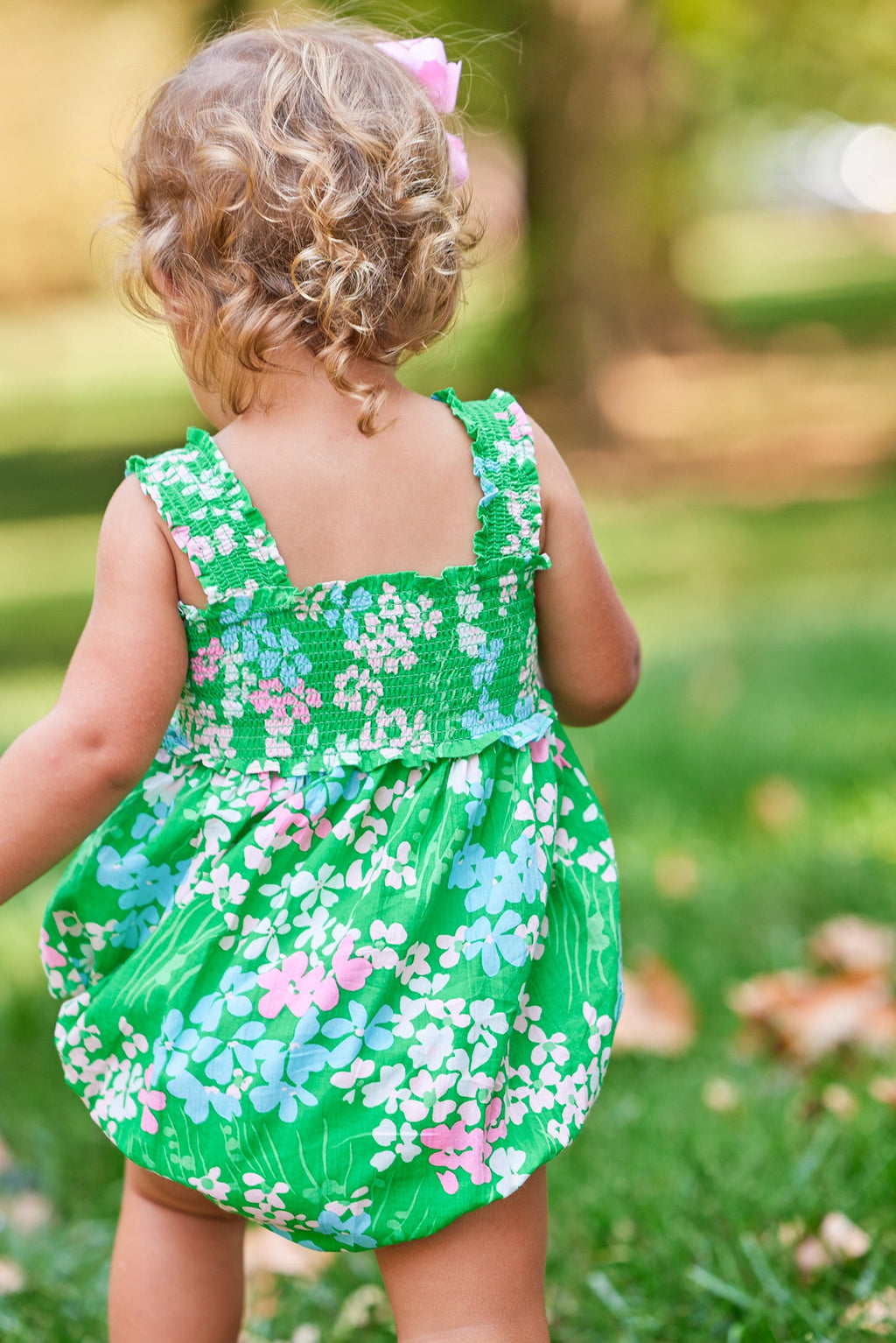 Little English traditional children's clothing.  Green, blue and pink floral bubble for baby girls for Spring