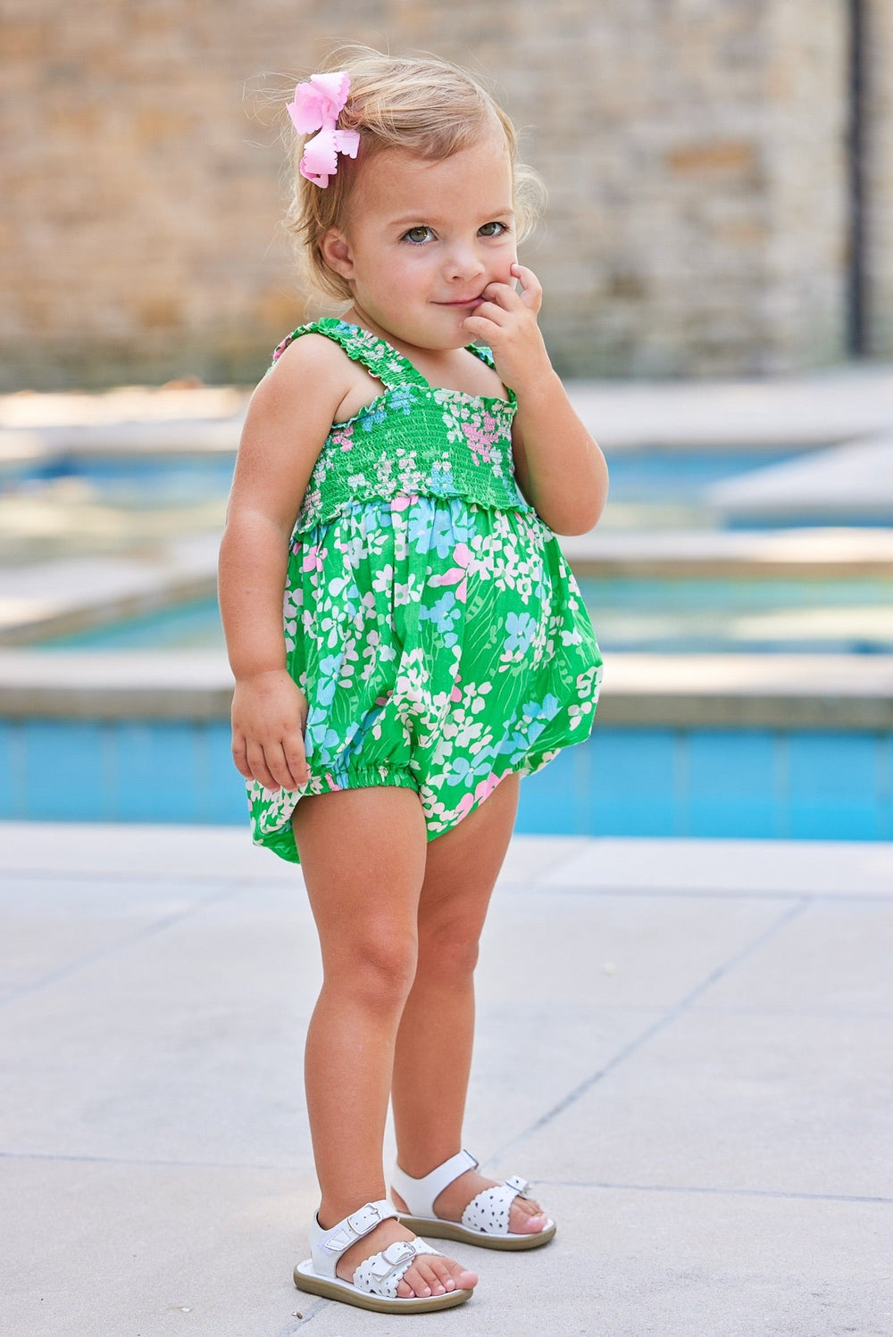 Little English traditional children's clothing.  Green, blue and pink floral bubble for baby girls for Spring
