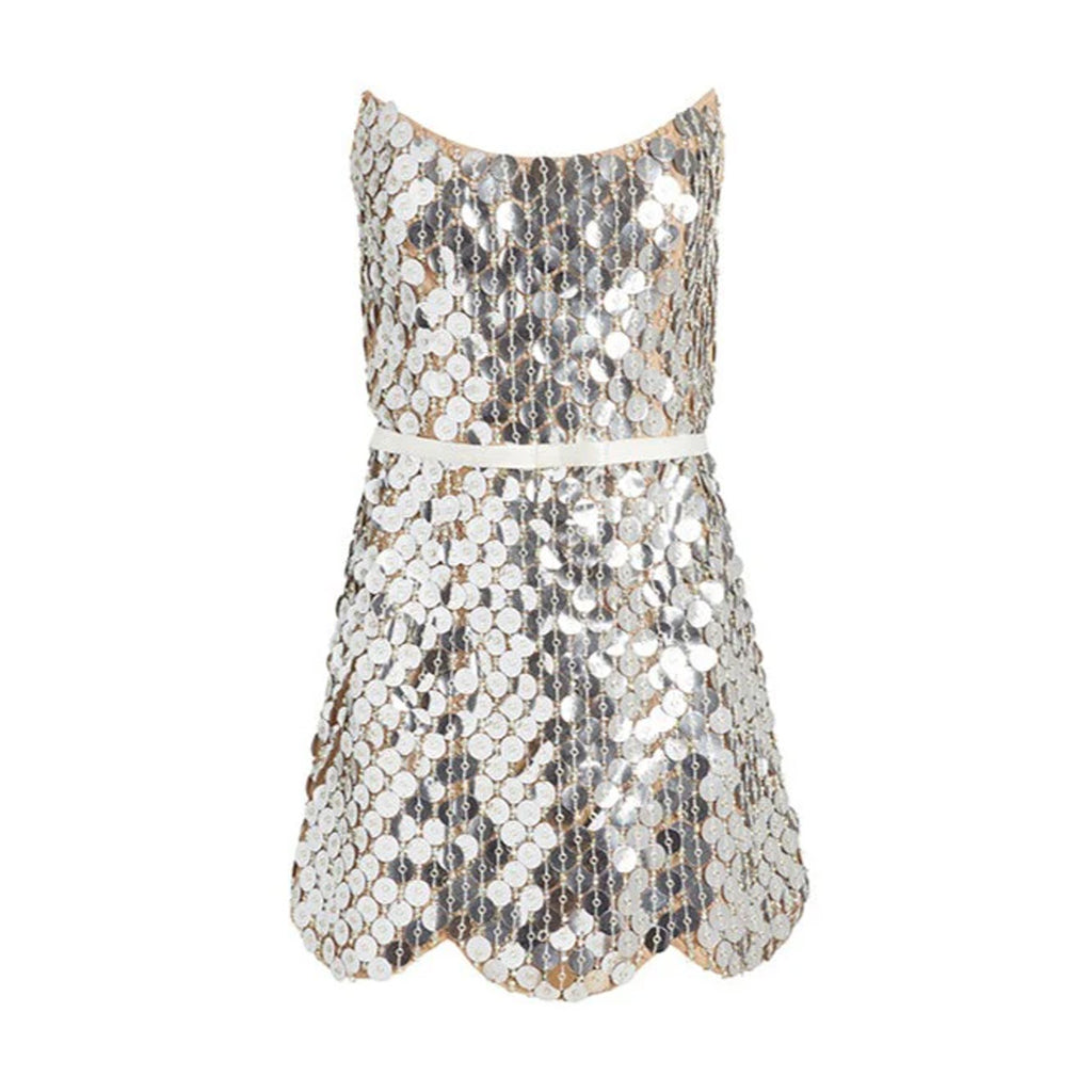 Vivienne Silver Paillette Mini Dress with Scalloped Hem and Detachable | Over The Moon Vivienne Silver Paillette Mini Dress with Scalloped Hem and Detachable | Over The Moon