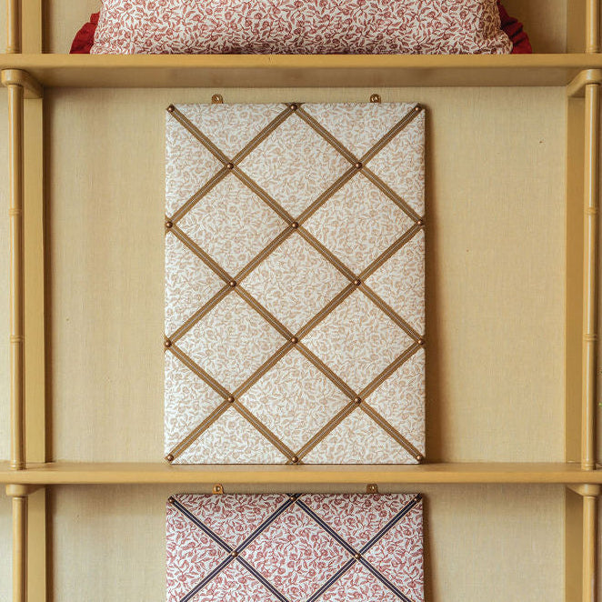 Ribboned Bulletin Board in Pomegranate Print in Tawny Gold with Olive Trim