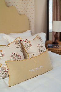 Flax & Field Flower Print Cushion in Scarlet with Ochre Piping