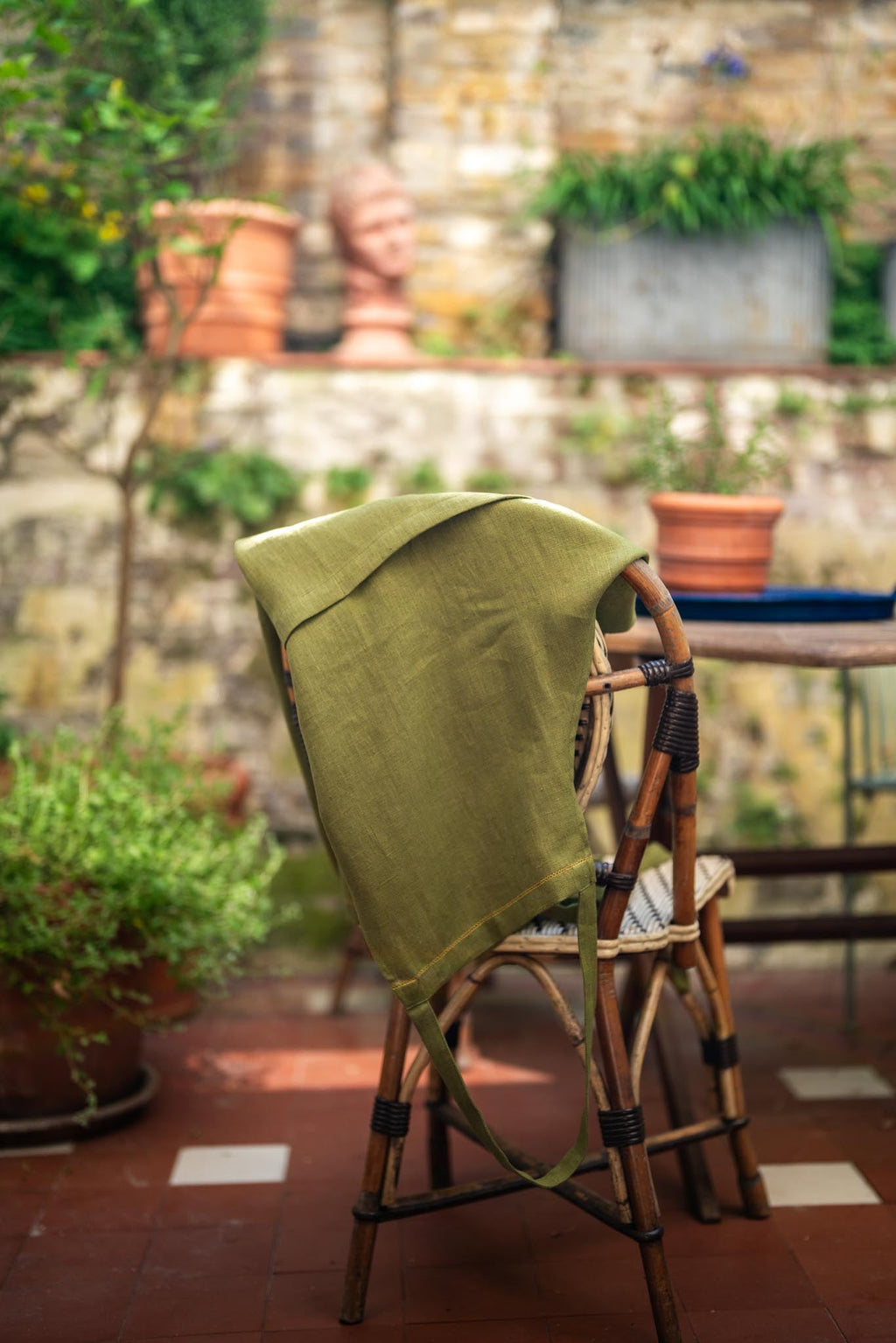 Fern Green Apron with Ochre Hemstitch