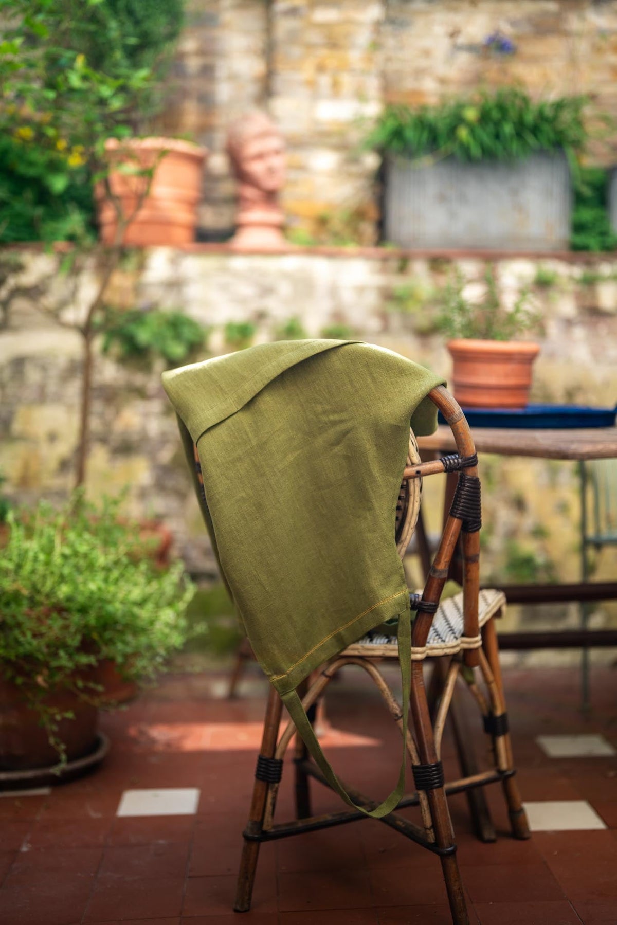 Fern Green Apron with Ochre Hemstitch
