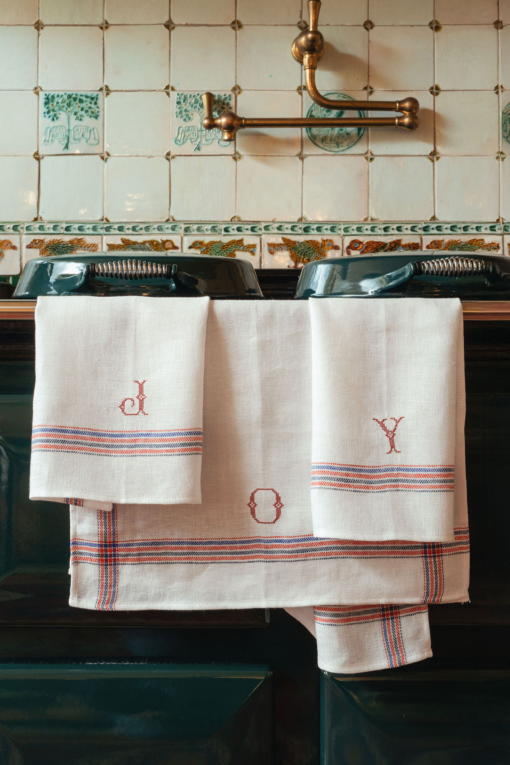 Kitchen Towels in French Red & Blue, Set of 3