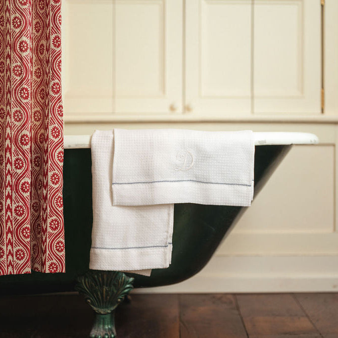 Liege Hand Towel in Ivory White Waffle with Indigo Hemstitch
