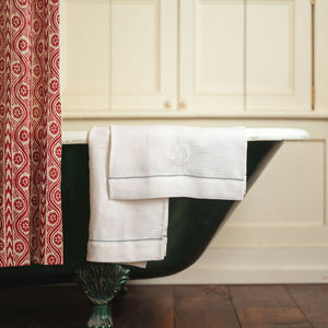 Liege Hand Towel in Ivory White Waffle with Indigo Hemstitch