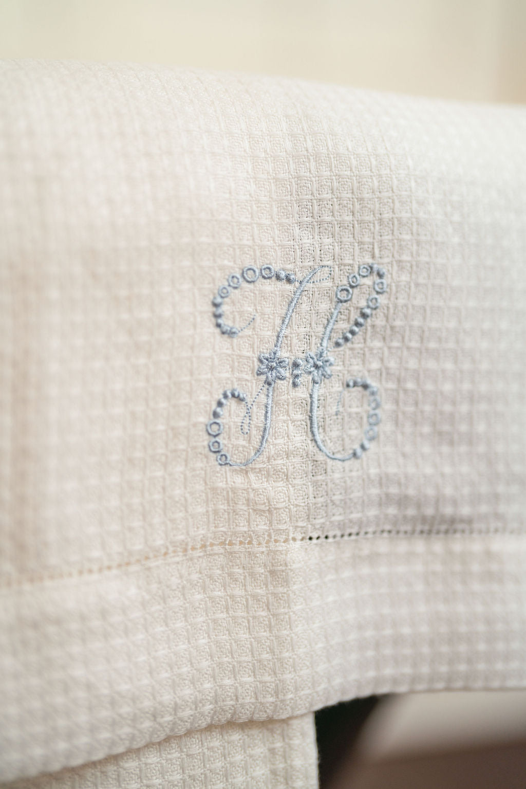 Liege Hand Towel in Ivory White Waffle with White Hemstitch