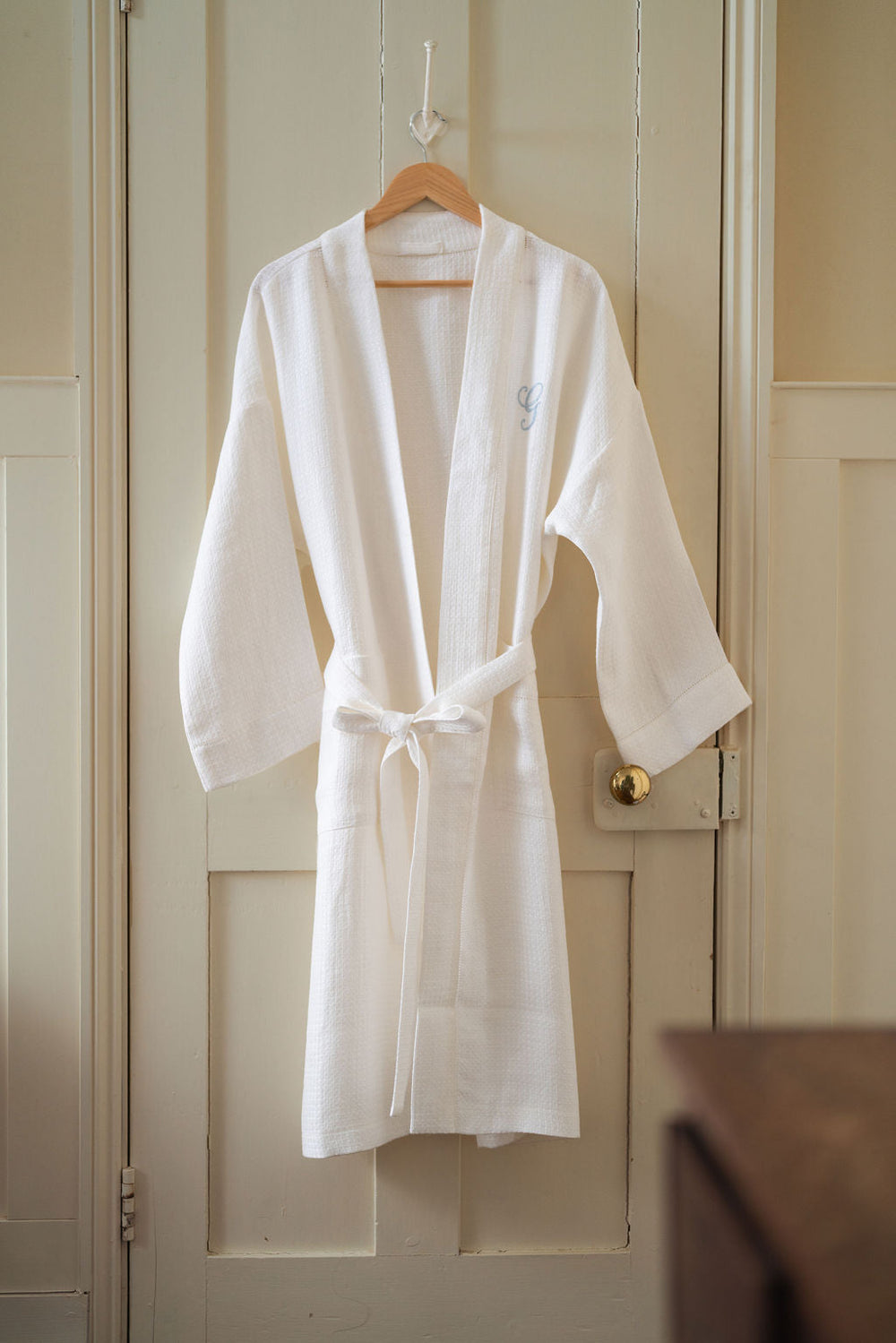 Liege Robe in Ivory White Waffle with White Hemstitch