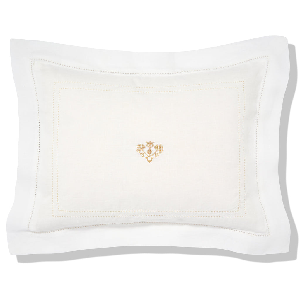 Elizaveta Boudoir Pillow in Ivory White Hemstitch with Crossed Heart Embroidery