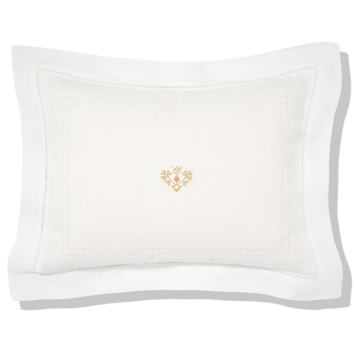 Elizaveta Boudoir Pillow in Ivory White Hemstitch with Crossed Heart Embroidery