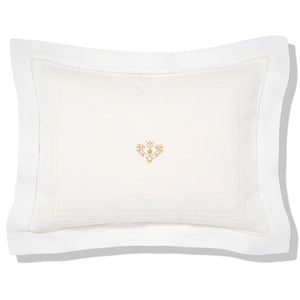 Elizaveta Boudoir Pillow in Ivory White Hemstitch with Crossed Heart Embroidery