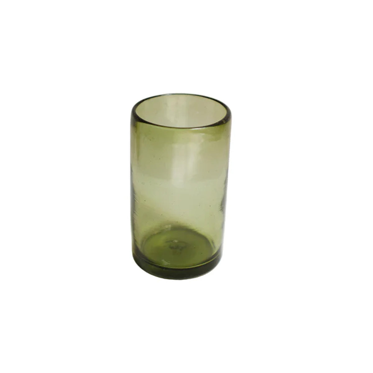 Straight-on view of light olive glass votive showcasing cylindrical silhouette and hand-blown texture on white background