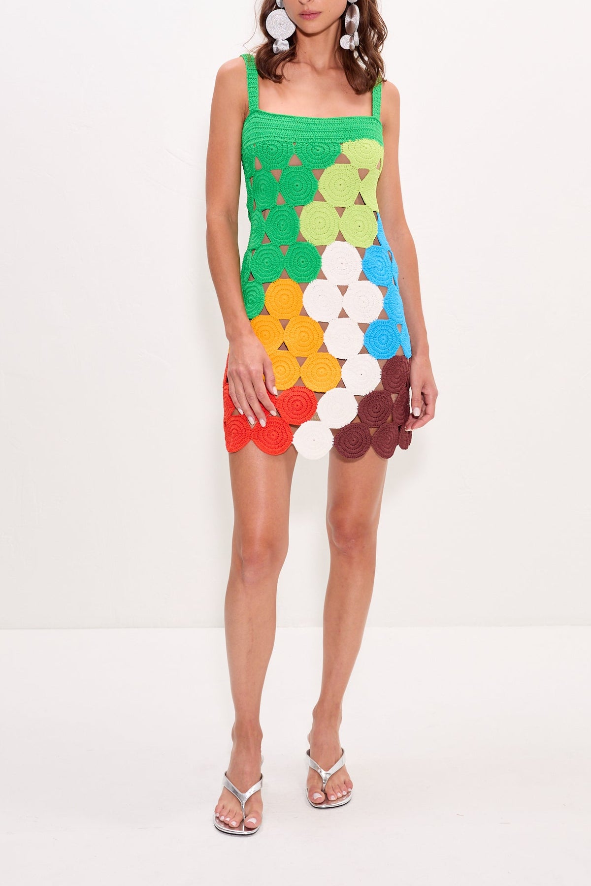 Front view of Beep Beep Tank Mini Dress showing multicolored crochet discs, square neckline and mini length on white
