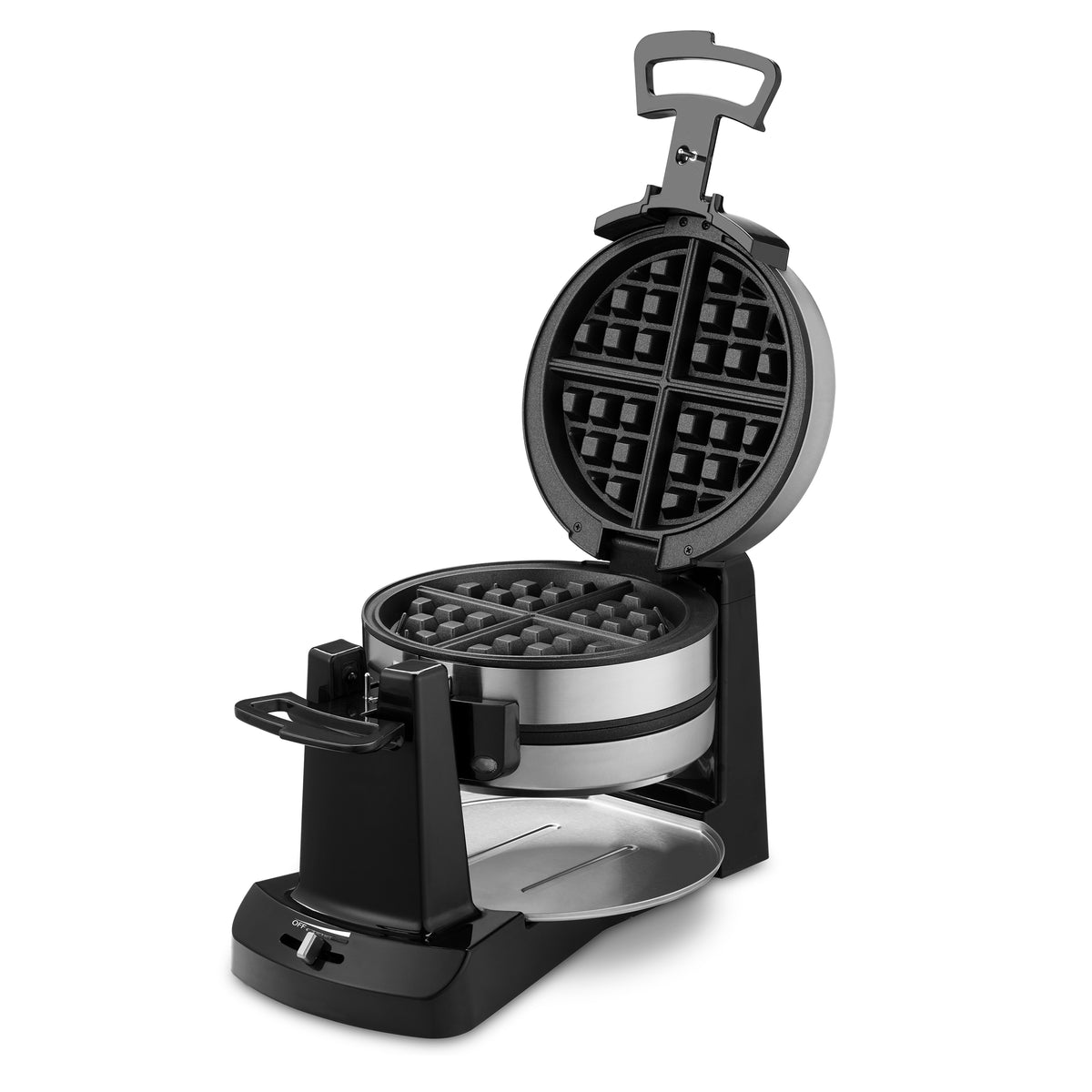 Three-quarter view of Double Flip Belgian Waffle Maker with lid open showing round nonstick plates, flip handle, and drip tray on white background