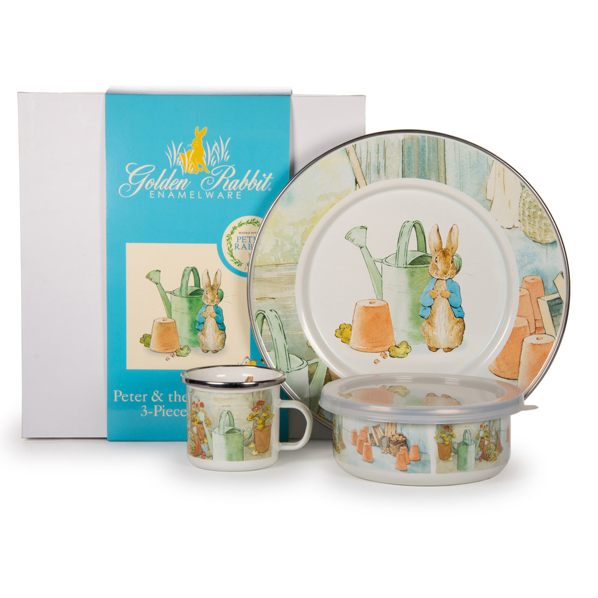 Front view of Peter & The Watering Can enamel 3-piece child set with Peter Rabbit illustration, showing plate, lidded bowl, and mug on white background