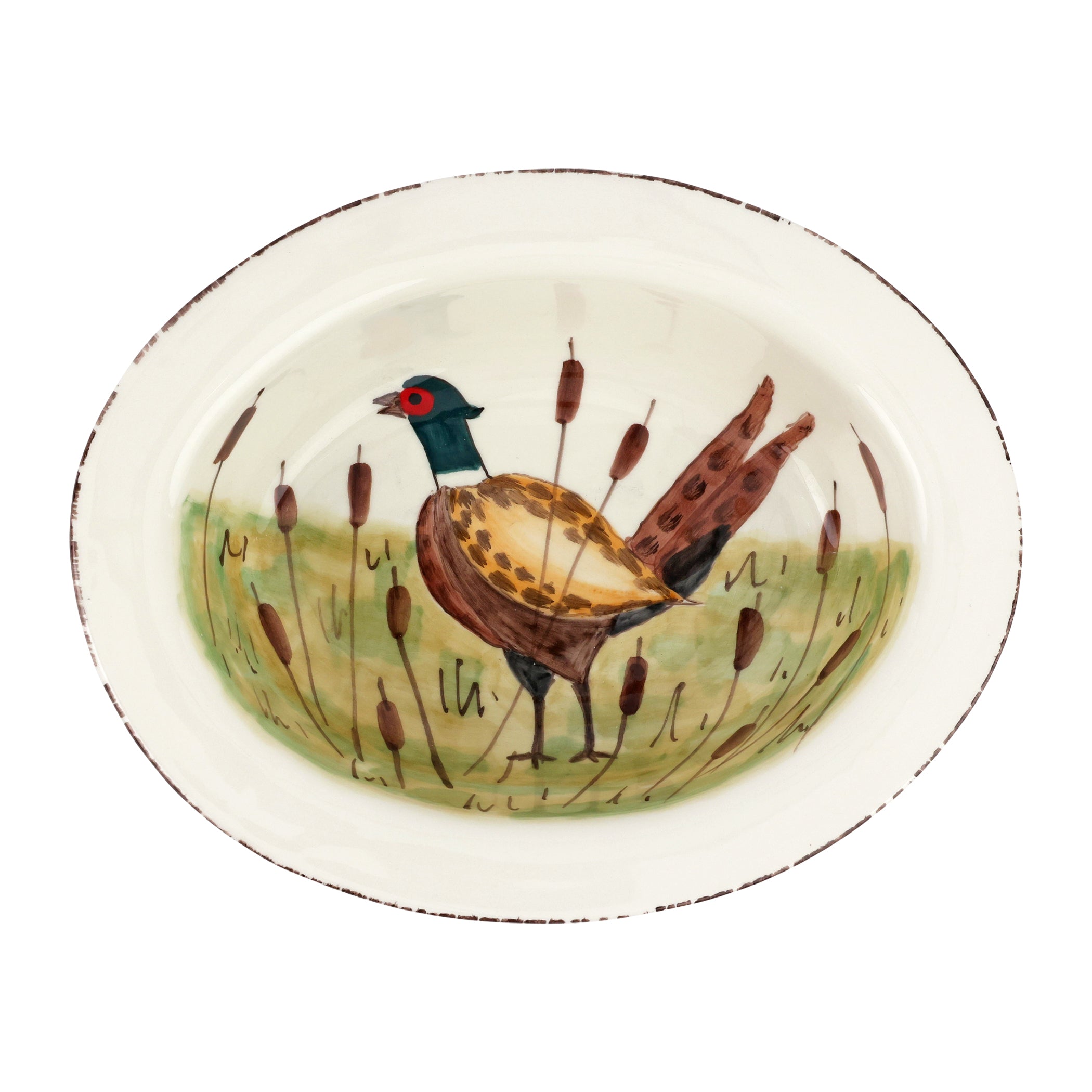 Wildlife Pheasant Small Rimmed Oval Bowl in Multi
