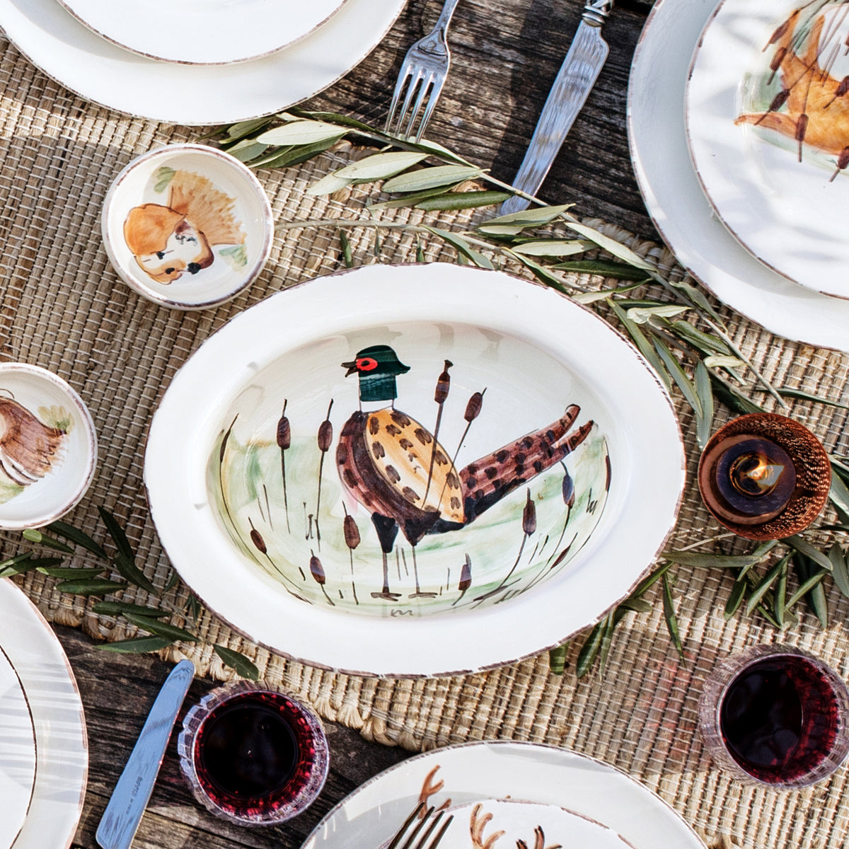 Wildlife Pheasant Small Rimmed Oval Bowl in Multi
