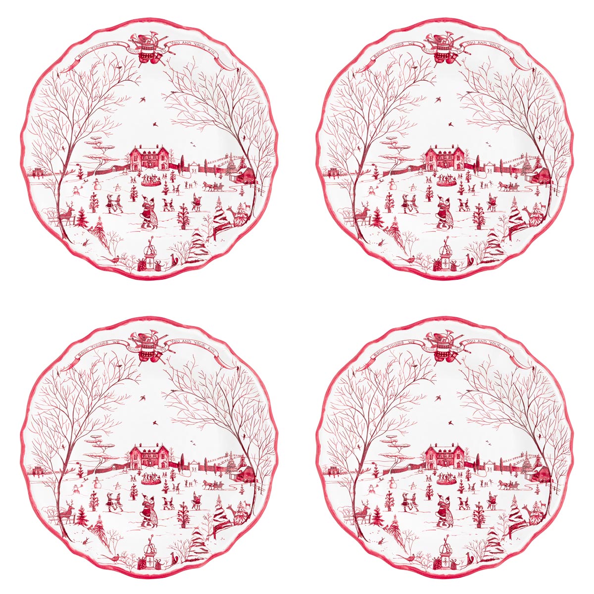 Top view of Winter Frolic Melamine Dinner, Set of 4 showcasing red winter village scenes on a white background