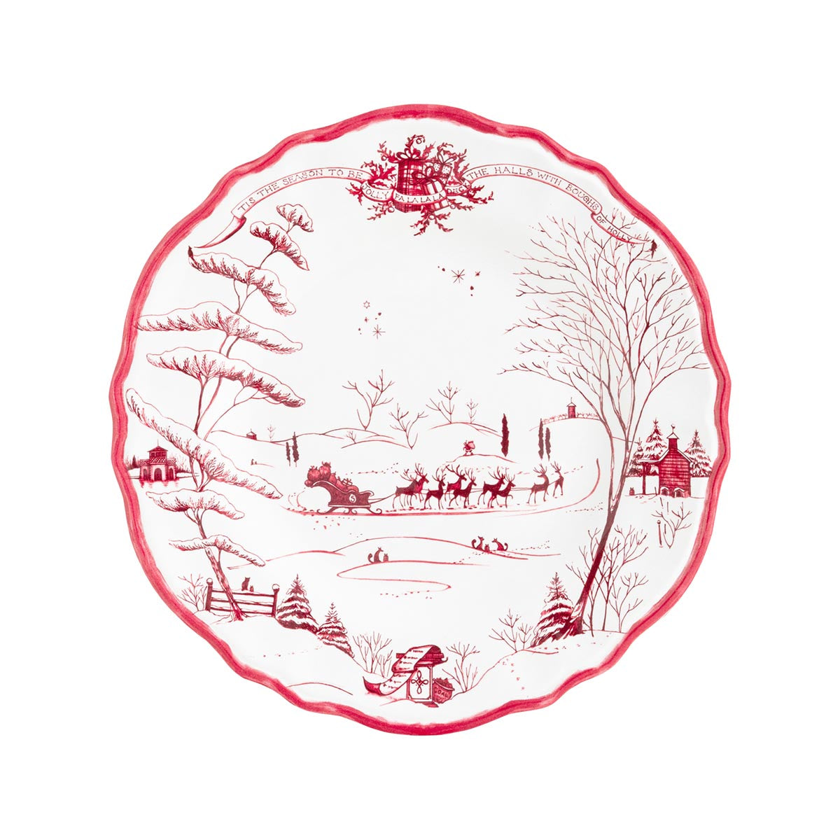 Overhead view of Winter Frolic Melamine Salad plate showcasing red scalloped rim and winter sleigh scene on white background