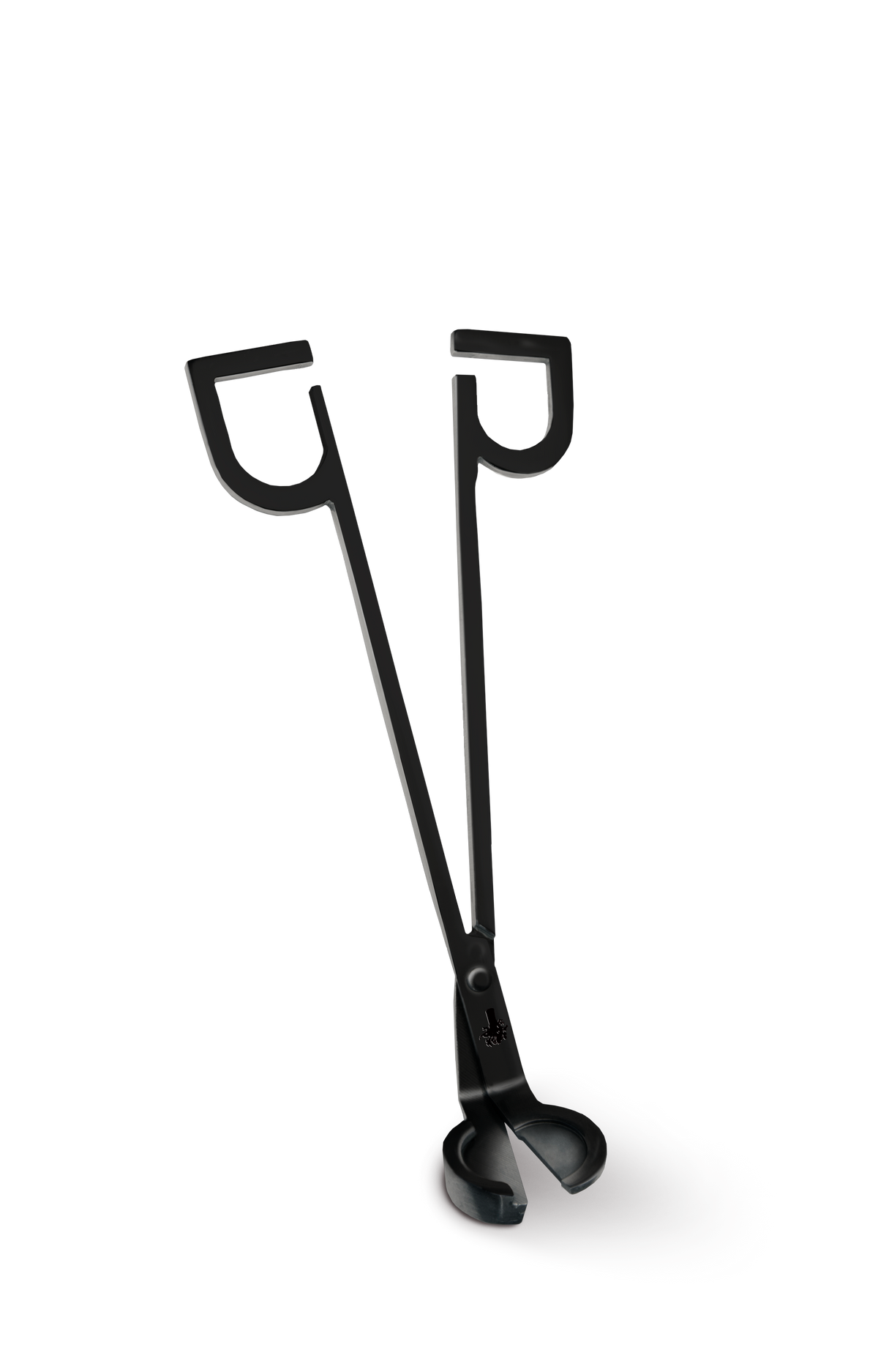 Angled view of Wick Trimmer in matte black showcasing long handles and curved snuffer bowl on plain background