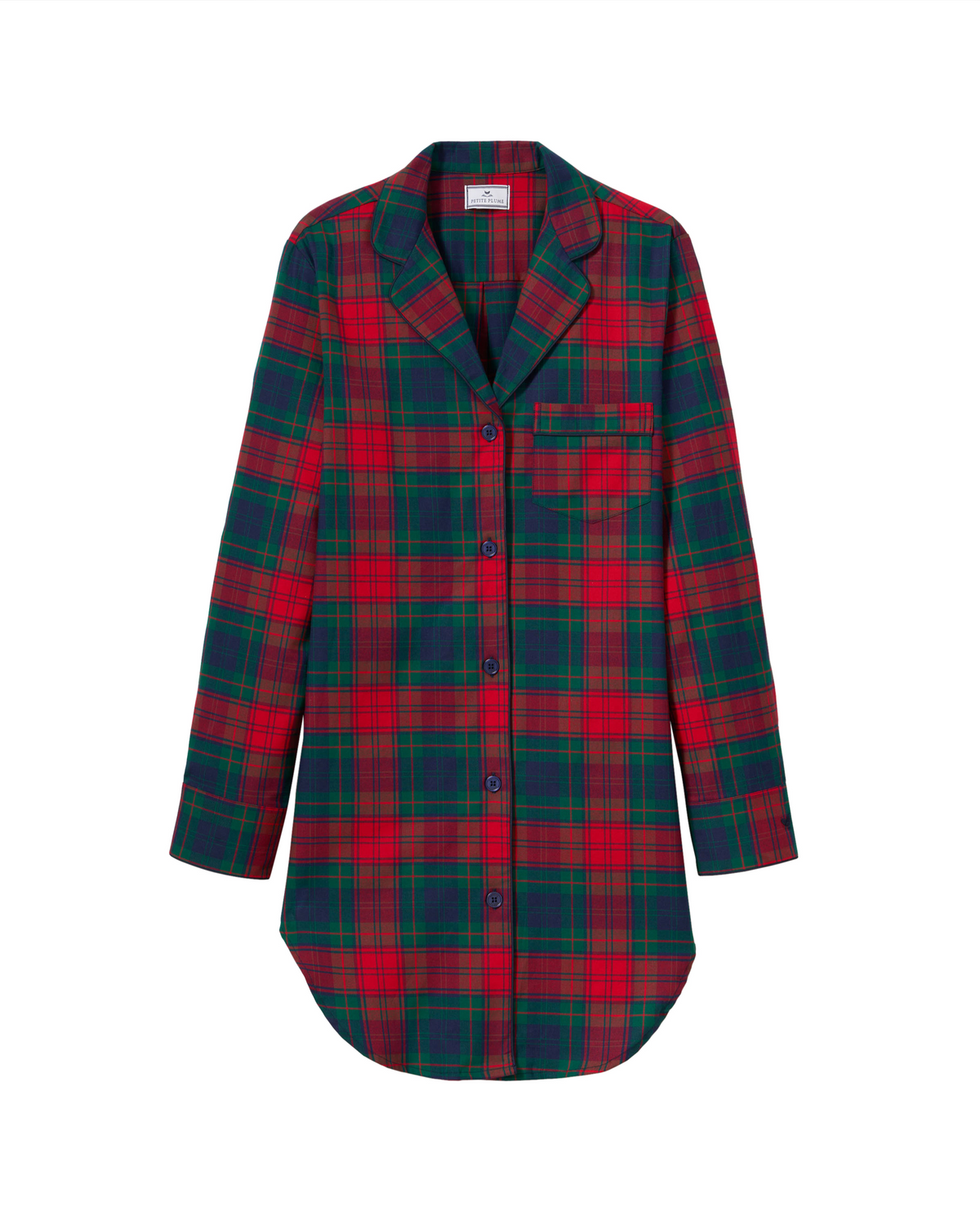 Front view of women’s twill nightshirt in St James Tartan with full button front, shirt tail hem, and white background
