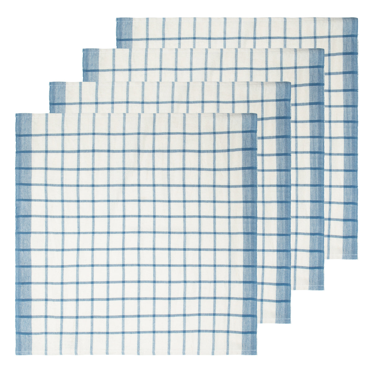 Front view of Windowpane Napkins in Blue and Natural, Set of 4 showcasing blue windowpane plaid on white background