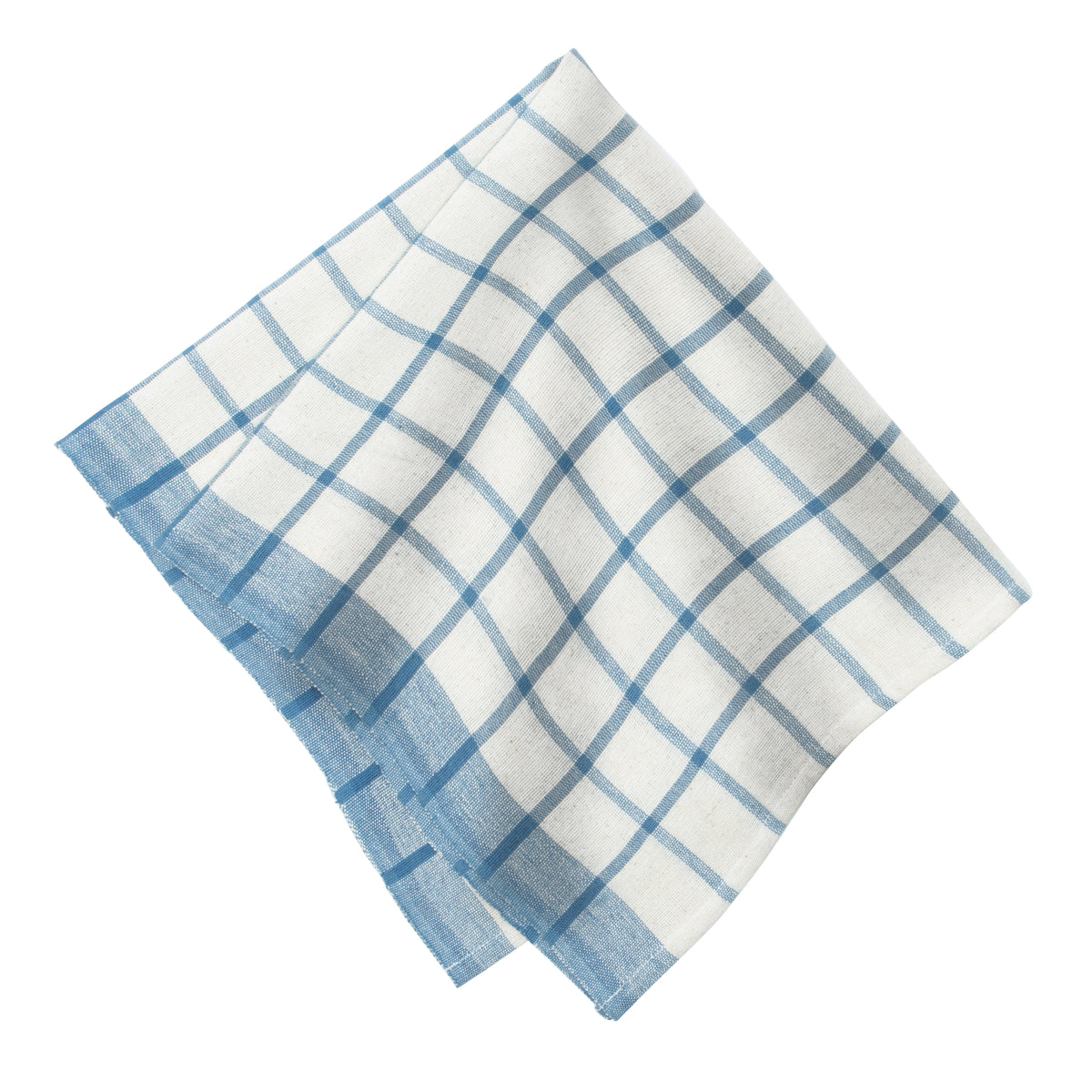Close-up of Windowpane Napkins in Blue & Natural, Set of 4 showcasing blue windowpane plaid pattern with white background