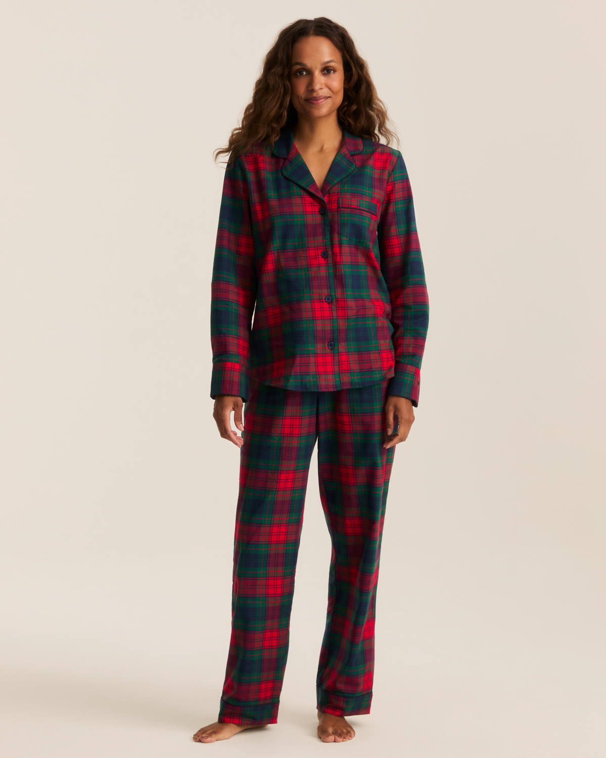 Front view of green Women’s Twill Pajama Set in St. James Tartan with three-quarter sleeves and wide-leg trousers on a model