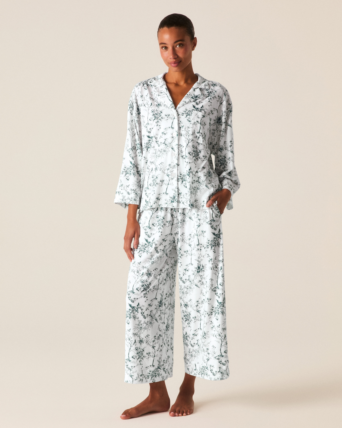 Front view of Olivia Wide Leg Pima Pajama Set in Evergreen Timeless Toile showing wide leg trousers and three quarter length sleeves