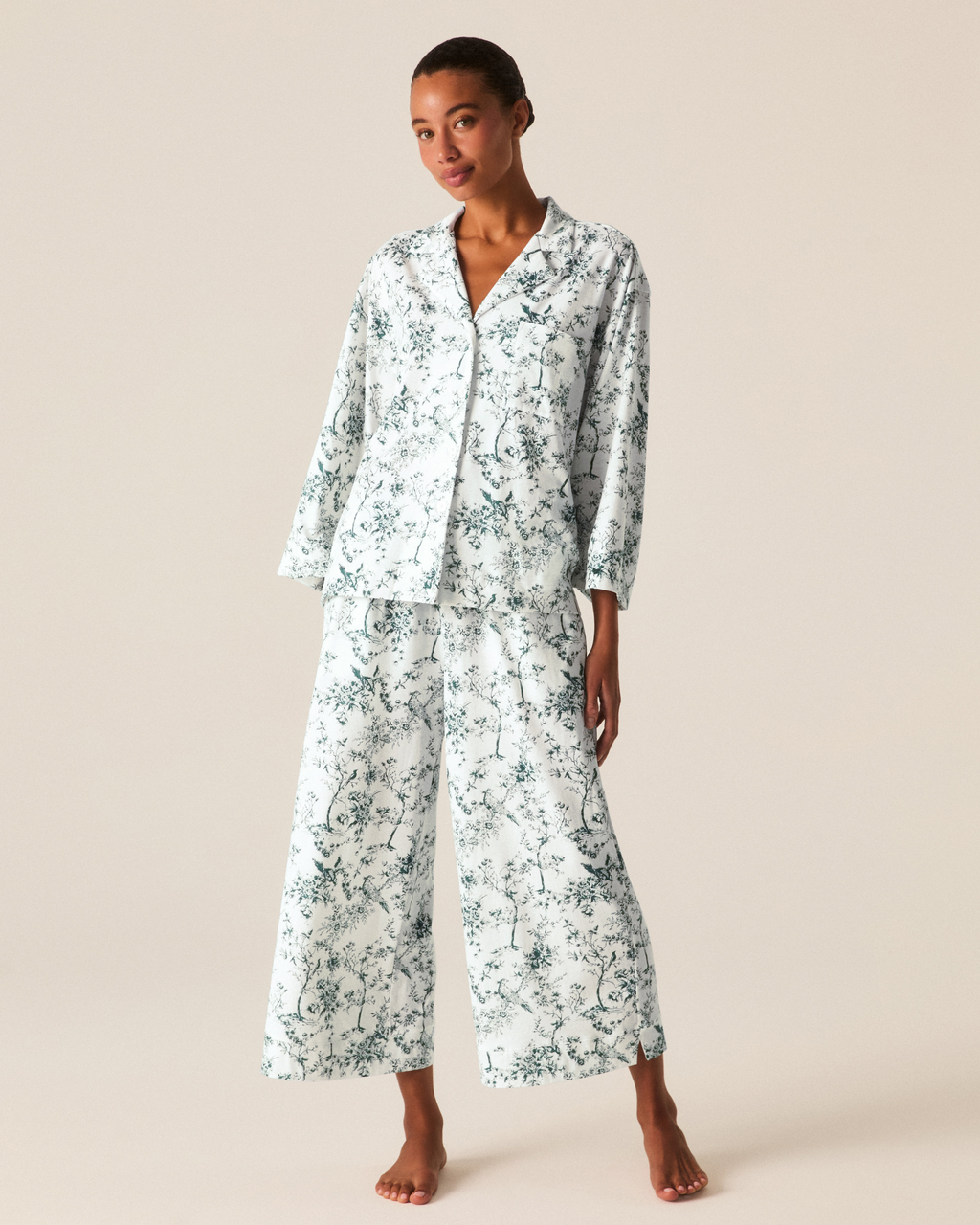 The Olivia Wide Leg Pima Pajama Set in Evergreen Timeless Toile